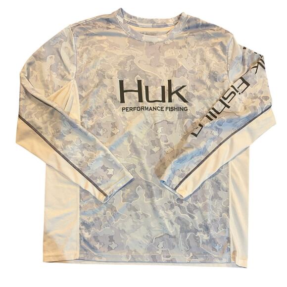 \HUK Performance Fishing Shirt Men's Size L White Blue Long Sleeve Camo Pullover - Picture 1 of 5
